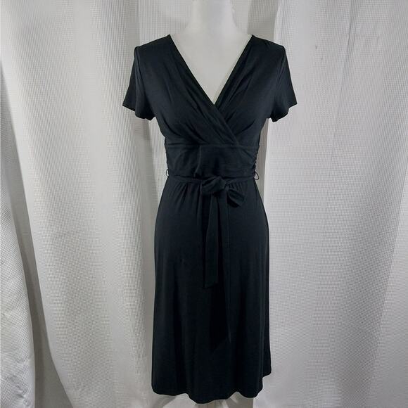 TALBOTS PETITES! BLACK JERSEY KNIT BELTED WAIST, CRISS-CROSS BODICE DRESS! SZ SP - Picture 2 of 11
